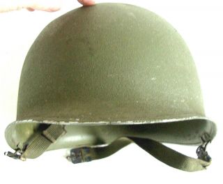 Us Ww2 M1 Helmet Front Seam Swivel Bale Shell Only W/ Chin Straps & Heat Numbers