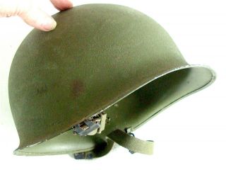 US WW2 M1 Helmet Front Seam Swivel Bale Shell Only W/ Chin Straps & Heat Numbers 2