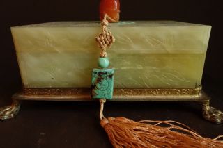 Antique CHINESE JADE BOX w/Carved Jade Insert,  Carnelian Elephant,  Turquoise 12
