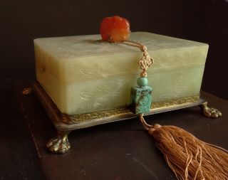 Antique CHINESE JADE BOX w/Carved Jade Insert,  Carnelian Elephant,  Turquoise 2
