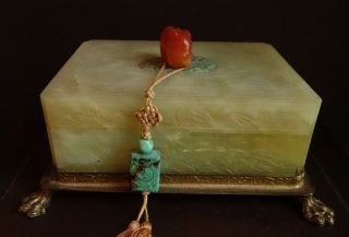 Antique CHINESE JADE BOX w/Carved Jade Insert,  Carnelian Elephant,  Turquoise 4
