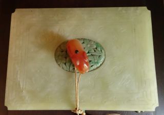 Antique CHINESE JADE BOX w/Carved Jade Insert,  Carnelian Elephant,  Turquoise 5