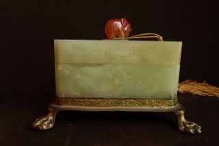 Antique CHINESE JADE BOX w/Carved Jade Insert,  Carnelian Elephant,  Turquoise 6