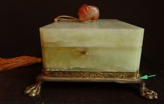 Antique CHINESE JADE BOX w/Carved Jade Insert,  Carnelian Elephant,  Turquoise 7