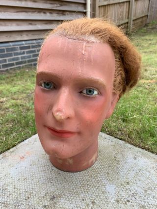Rare Early 20th Century French Wax Male Mannequin Head Glass Eyes Real Hair 1930