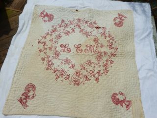 Early Doll Quilt Red Embroidery With Family History Cottonseeds Turkeys Vintage