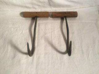 Vintage Antique Primitive Meat ice HAY Bale HOOKS wood handle Farm Barn tool 2