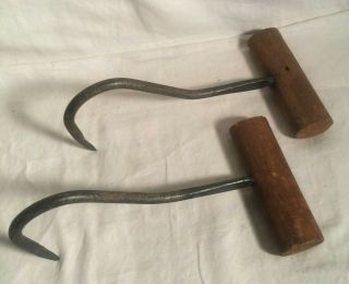 Vintage Antique Primitive Meat ice HAY Bale HOOKS wood handle Farm Barn tool 4