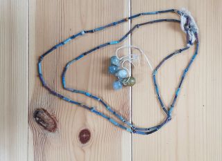 Ancient Egyptian Faience Bead Necklace,  5 Carved Agate Beads