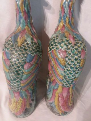 Pair antique Chinese porcelain Phoenix birds impressed marks 13 3/4 