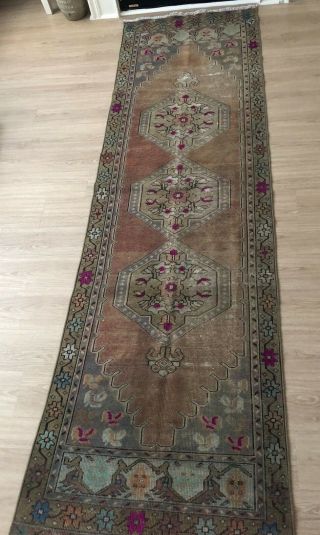 Vintage Wool Turkish Handmade Runner Rug,  10 