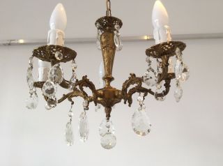 Vintage Cast Bronze And Crystals 5 - Arm French Chandelier,  C1940s.