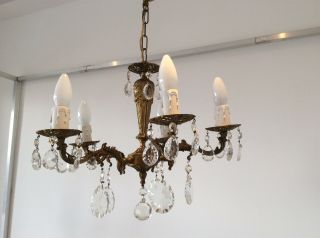 Vintage Cast Bronze and Crystals 5 - arm French Chandelier,  c1940s. 4