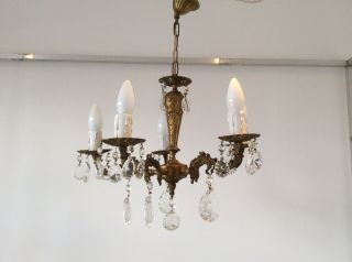 Vintage Cast Bronze and Crystals 5 - arm French Chandelier,  c1940s. 5