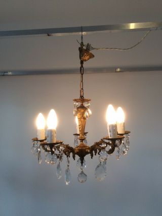 Vintage Cast Bronze and Crystals 5 - arm French Chandelier,  c1940s. 6