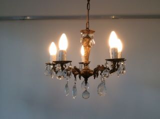 Vintage Cast Bronze and Crystals 5 - arm French Chandelier,  c1940s. 8