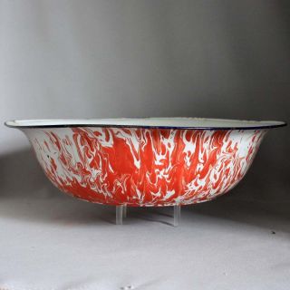 Primitive Antique Red Swirl Graniteware Wash Basin Enamelware Vintage 1950 