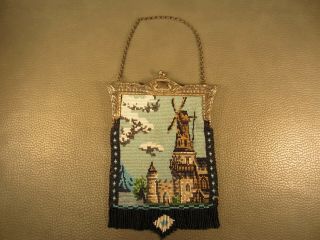 Antique Victorian Scenic Micro Glass Bead Beaded Purse Bag