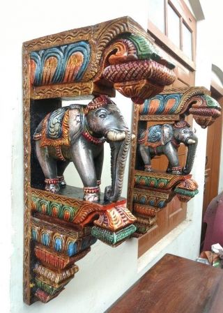 Elephant Wall Corbel Pair Handcarved Wooden Bracket Sculpture Estate Home Decor