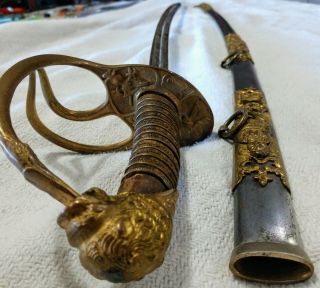 Antique Lion Head Fcb Officer Sword 1880s Carl Ray Detailed Etiching