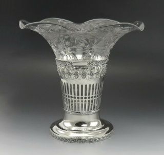 Antique C1910 Watson Sterling Silver & Abp Cut Crystal Glass Trumpet Flower Vase