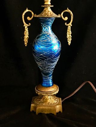 Antique Durand Blue Iridescent Glass Lapm,  Gilded Bronze Lamp Parts.