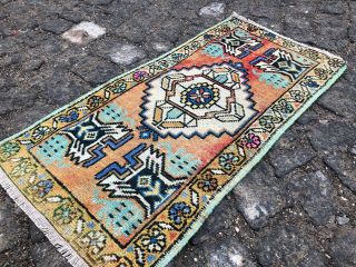 Vintage Turkish Small Rug Hand Knotted Wool Kilim Boho Decor Door Mat 1 