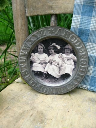Early Antique Tin Alphabet Abc Plate With Old Photo Print