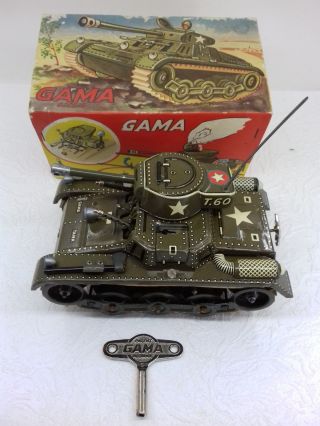 Vintage Clockwork Tin Toy Tank Military T60 Western Germany Gama Boxed 1960s
