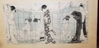 Japanese Antique Woodblock Print Triptych Geishas Asian Neutral Tones On Silk