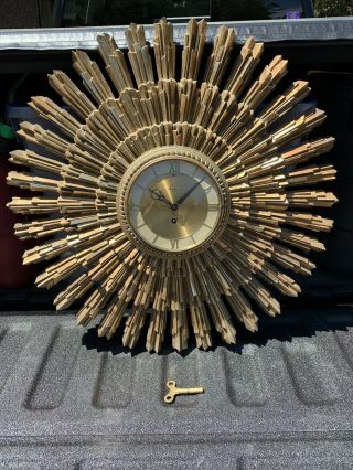 Vintage Mid Century Wind Up Syroco Gold Sunburst Wall Clock,  Key 100
