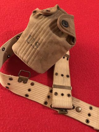 Ww1 Cavalry M1912 Pistol Belt With Sword Loop & Canteen Cover “m & C Co.  3/1918”