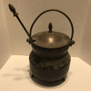 Vintage Black Cast Iron Fire Starter Kettle Smudge Pot with Brass Lid 10
