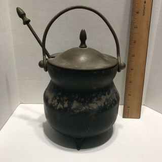 Vintage Black Cast Iron Fire Starter Kettle Smudge Pot With Brass Lid