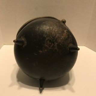 Vintage Black Cast Iron Fire Starter Kettle Smudge Pot with Brass Lid 3