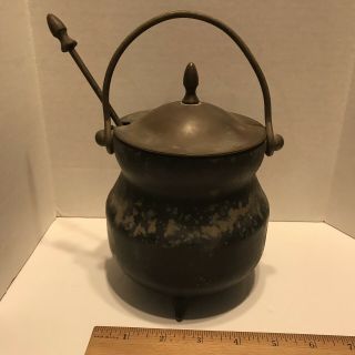 Vintage Black Cast Iron Fire Starter Kettle Smudge Pot with Brass Lid 5
