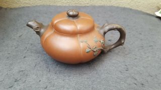 Rare Antique Chinese Yixing Teapot Pumpkin With Branch And Leafs Marked
