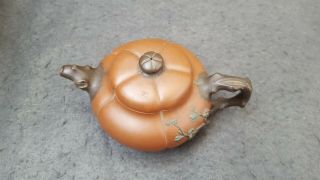 RARE ANTIQUE CHINESE YIXING TEAPOT PUMPKIN WITH BRANCH AND LEAFS MARKED 2