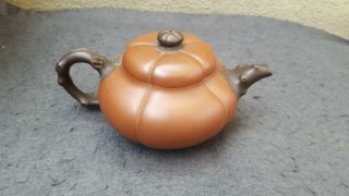 RARE ANTIQUE CHINESE YIXING TEAPOT PUMPKIN WITH BRANCH AND LEAFS MARKED 3