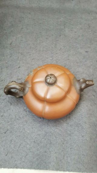 RARE ANTIQUE CHINESE YIXING TEAPOT PUMPKIN WITH BRANCH AND LEAFS MARKED 4