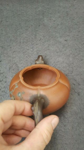 RARE ANTIQUE CHINESE YIXING TEAPOT PUMPKIN WITH BRANCH AND LEAFS MARKED 6