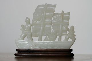 Antique Chinese 19th Century Carved White Jade Boat With Figure On Wood Stand
