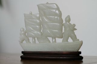 Antique Chinese 19th Century Carved White Jade Boat with Figure on Wood Stand 2