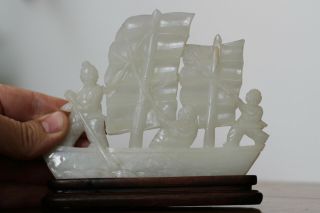 Antique Chinese 19th Century Carved White Jade Boat with Figure on Wood Stand 3