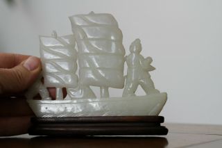 Antique Chinese 19th Century Carved White Jade Boat with Figure on Wood Stand 4