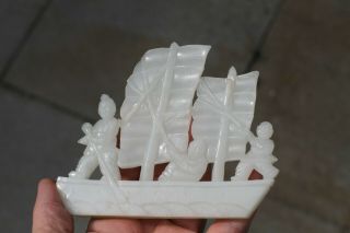 Antique Chinese 19th Century Carved White Jade Boat with Figure on Wood Stand 5
