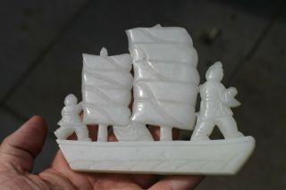 Antique Chinese 19th Century Carved White Jade Boat with Figure on Wood Stand 6