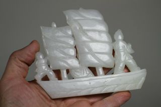 Antique Chinese 19th Century Carved White Jade Boat with Figure on Wood Stand 7