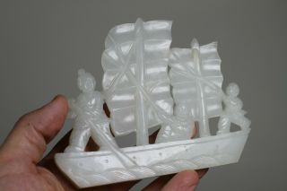 Antique Chinese 19th Century Carved White Jade Boat with Figure on Wood Stand 8