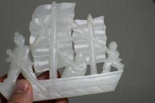 Antique Chinese 19th Century Carved White Jade Boat with Figure on Wood Stand 9